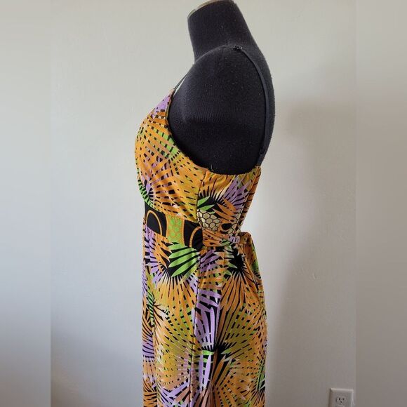 Colorful Maxi Dress Empire Waist Babydoll Y2K 90s Slinky Tropical Artsy Boho L - Picture 5 of 9